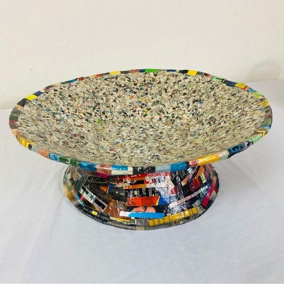 Handmade Other - Recycled Multicolor Paper Pedestal Bowl - Eco Accent Retro Paper Machete